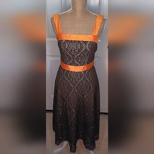 Max & Cleo Brown & Orange Sleeveless A-Line Midi Dress With Ribbon Detail Size 4